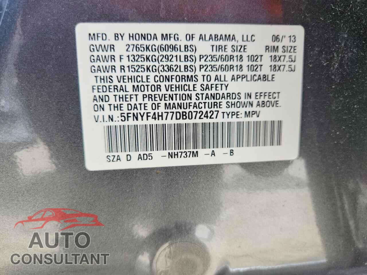 HONDA PILOT 2013 - 5FNYF4H77DB072427