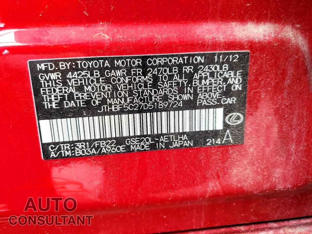 LEXUS IS 2013 - JTHBF5C27D5189724