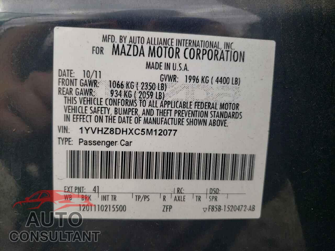 MAZDA 6 2012 - 1YVHZ8DHXC5M12077