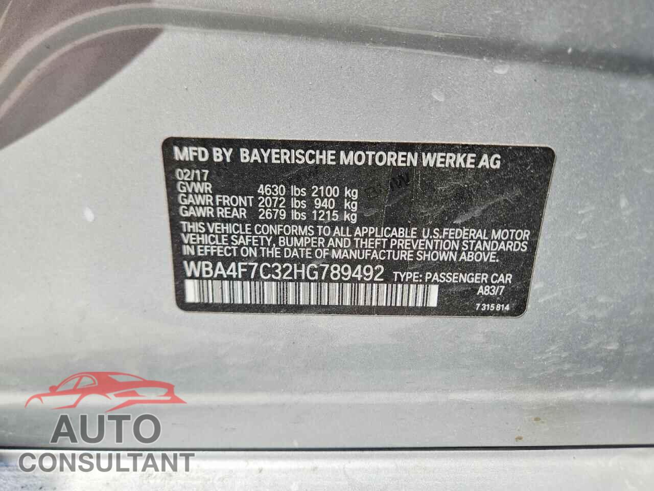 BMW 4 SERIES 2017 - WBA4F7C32HG789492