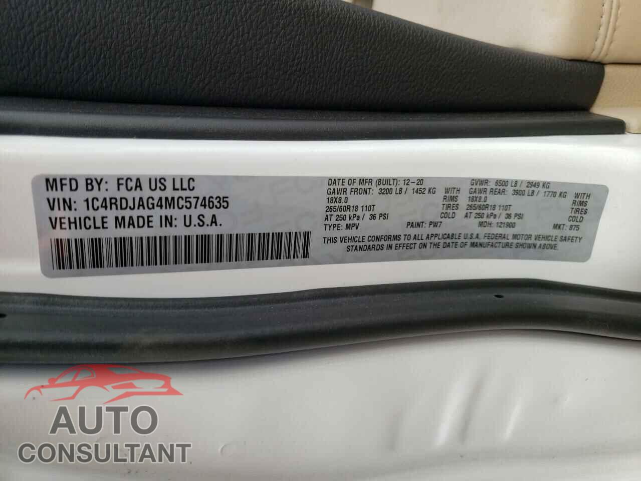 DODGE DURANGO 2021 - 1C4RDJAG4MC574635