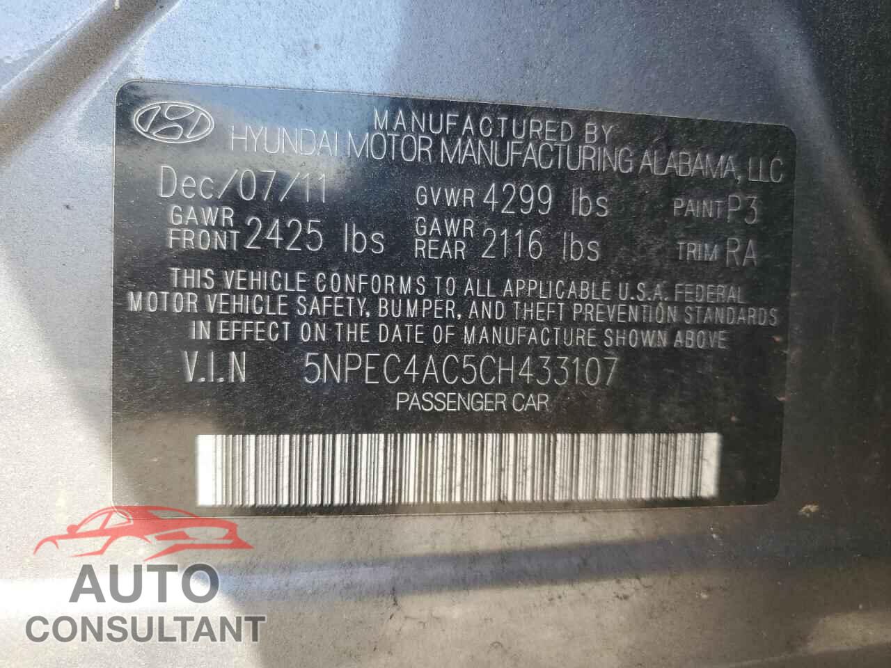 HYUNDAI SONATA 2012 - 5NPEC4AC5CH433107