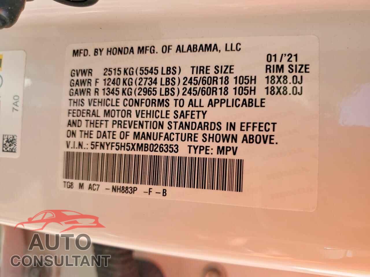 HONDA PILOT 2021 - 5FNYF5H5XMB026353