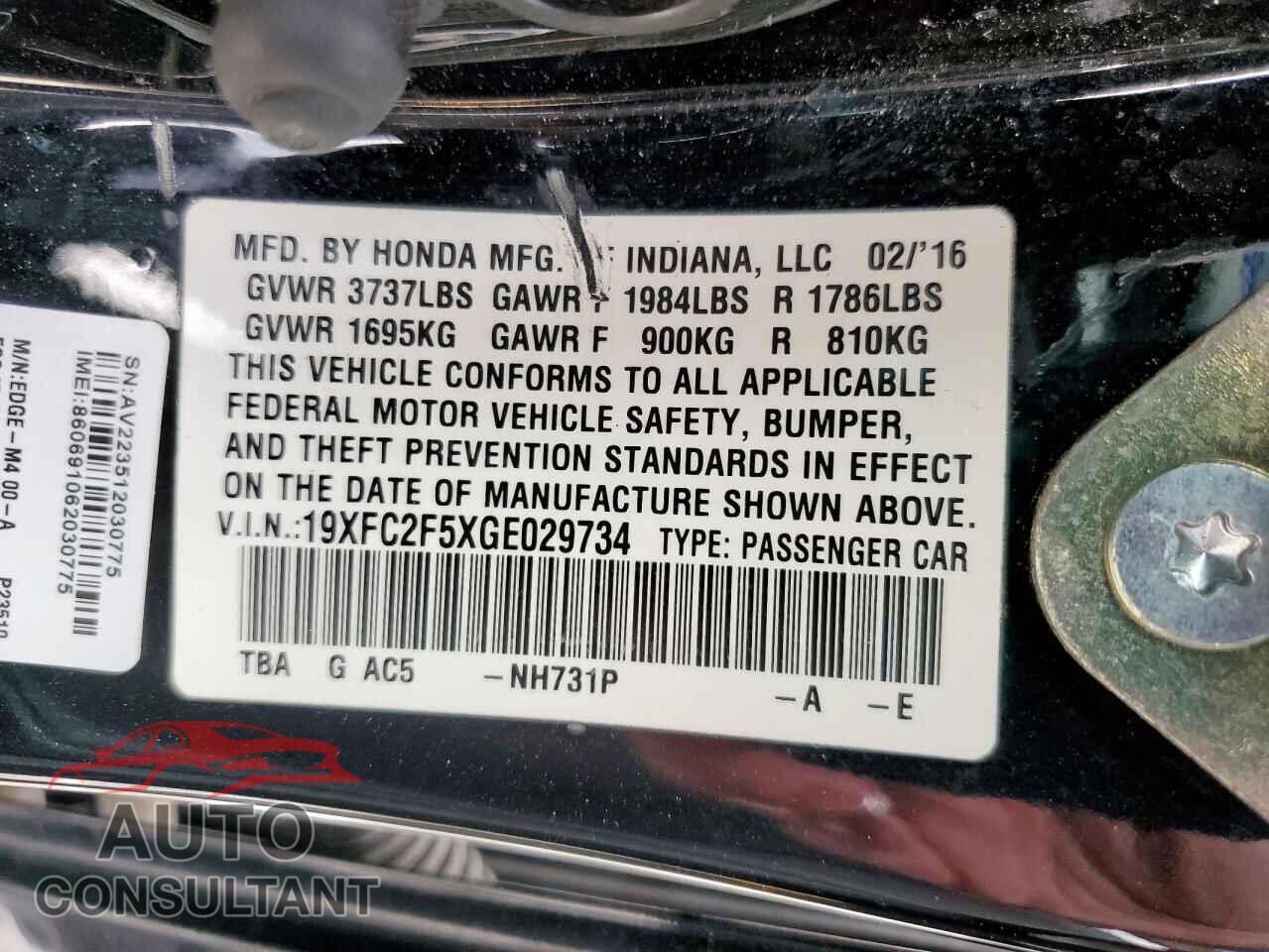 HONDA CIVIC 2016 - 19XFC2F5XGE029734