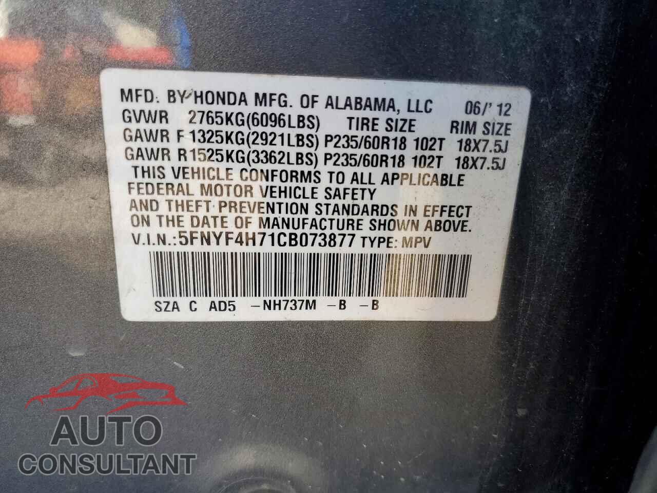 HONDA PILOT 2012 - 5FNYF4H71CB073877
