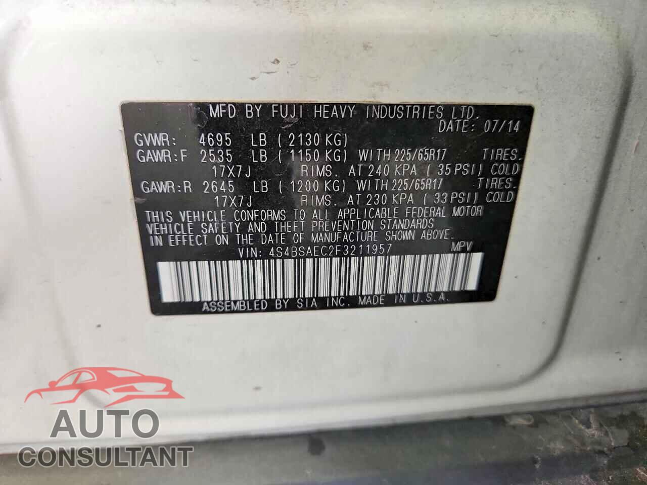SUBARU OUTBACK 2015 - 4S4BSAEC2F3211957