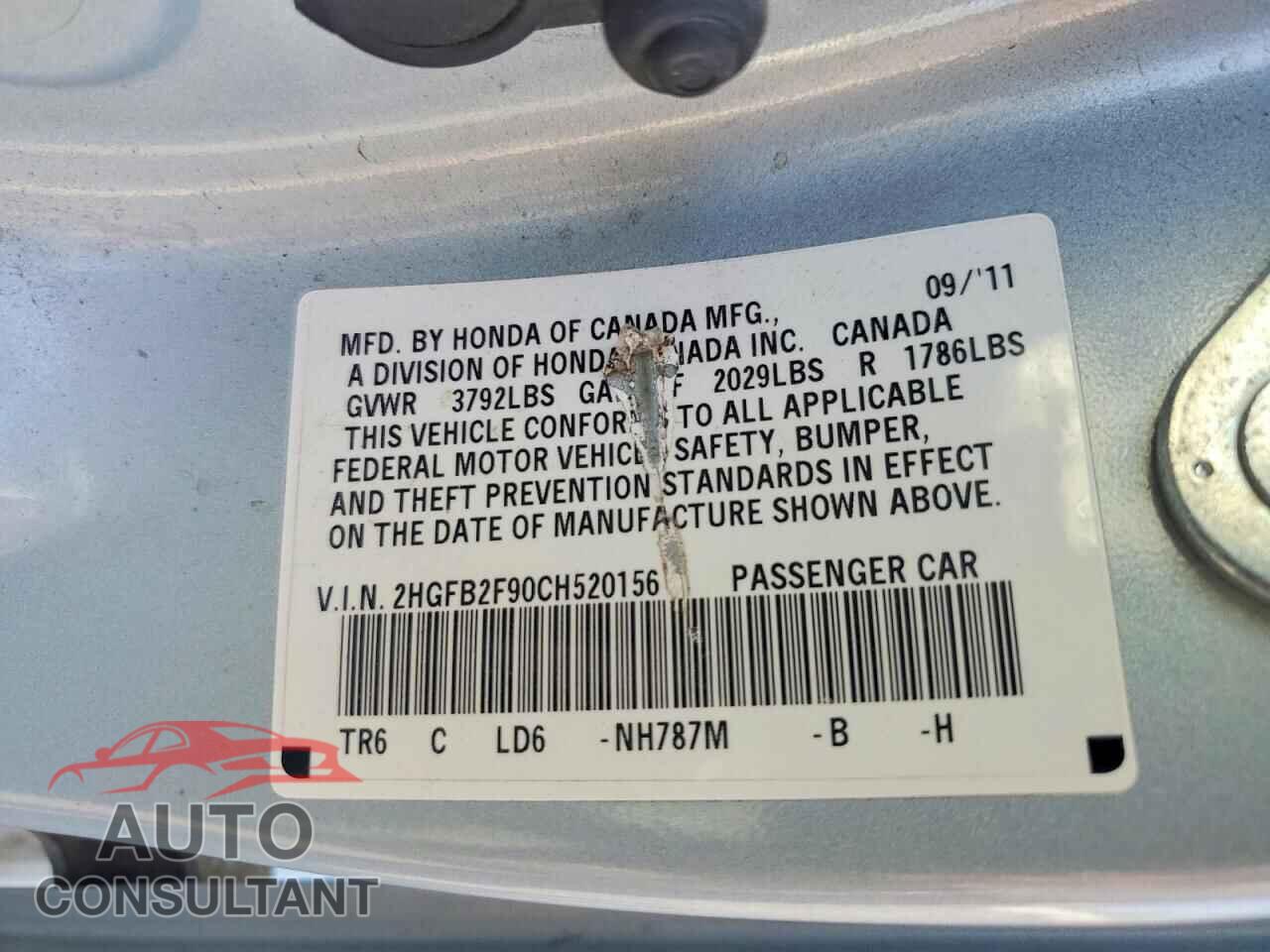 HONDA CIVIC 2012 - 2HGFB2F90CH520156