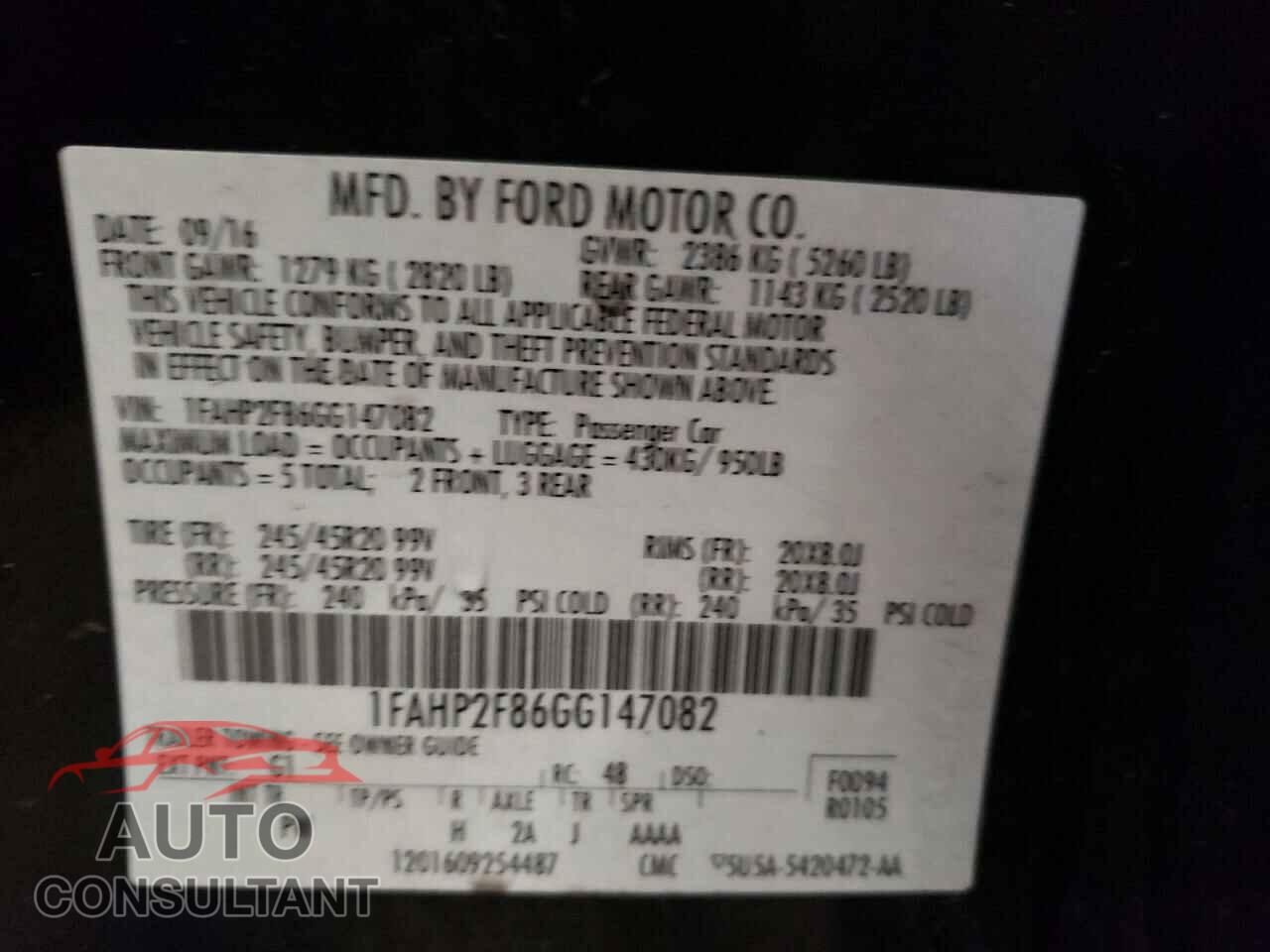 FORD TAURUS 2016 - 1FAHP2F86GG147082