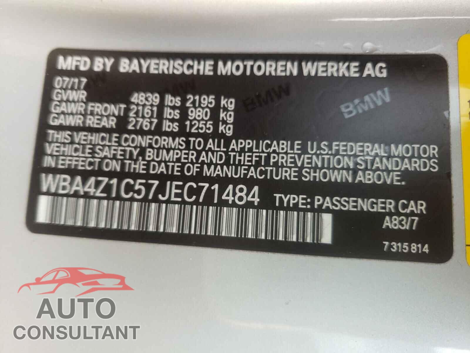 BMW 4 SERIES 2018 - WBA4Z1C57JEC71484