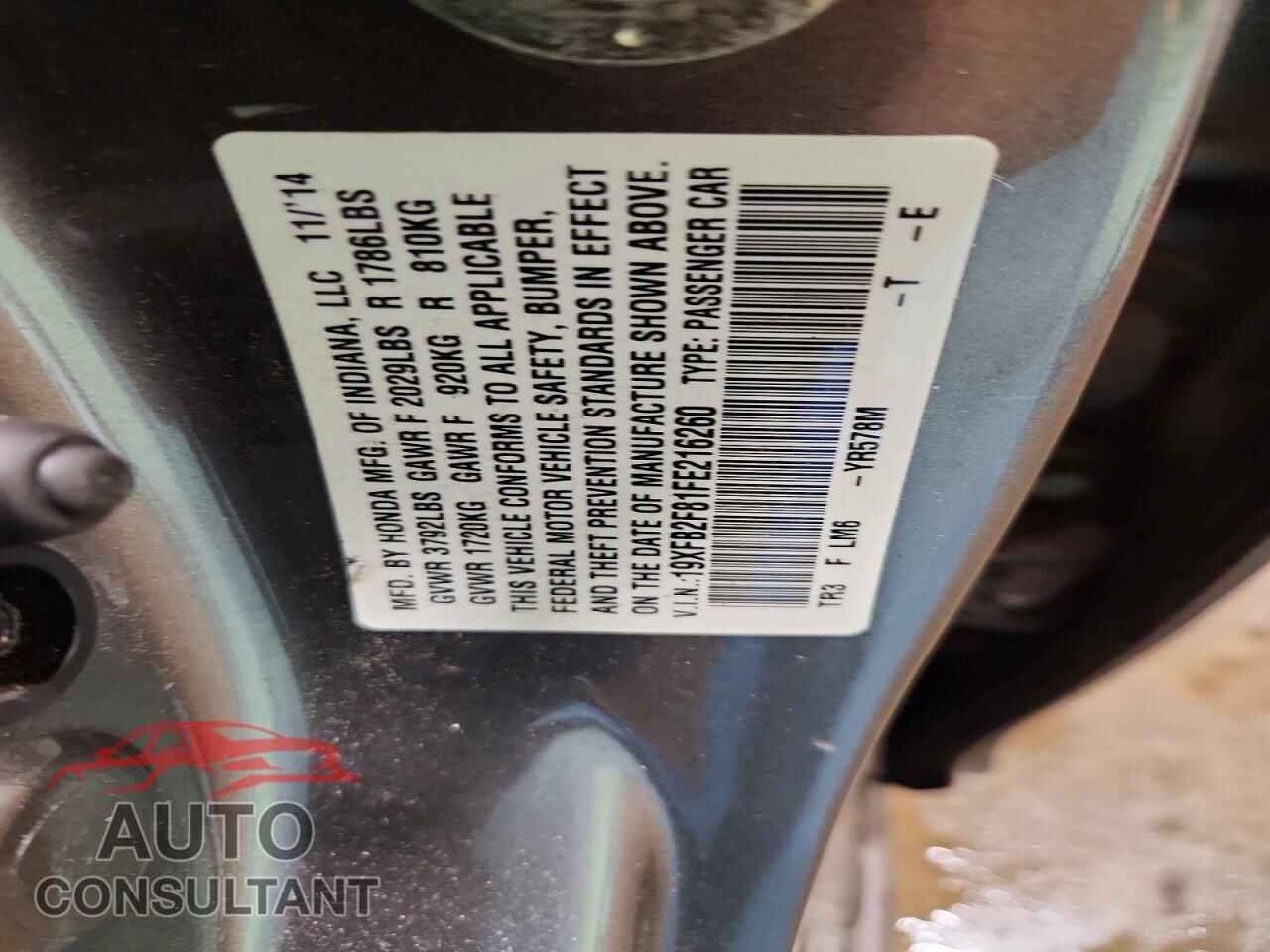 HONDA CIVIC 2015 - 19XFB2F81FE216260