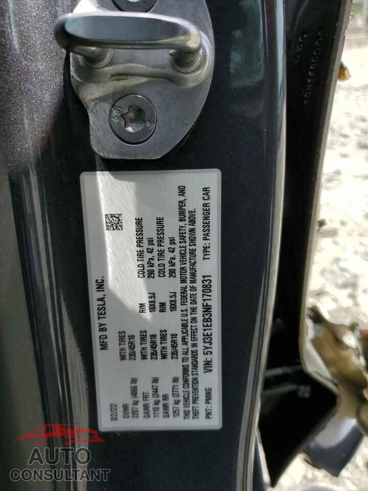 TESLA MODEL 3 2022 - 5YJ3E1EB3NF170831