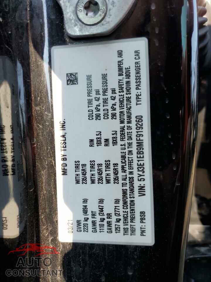 TESLA MODEL 3 2021 - 5YJ3E1EB9MF919260