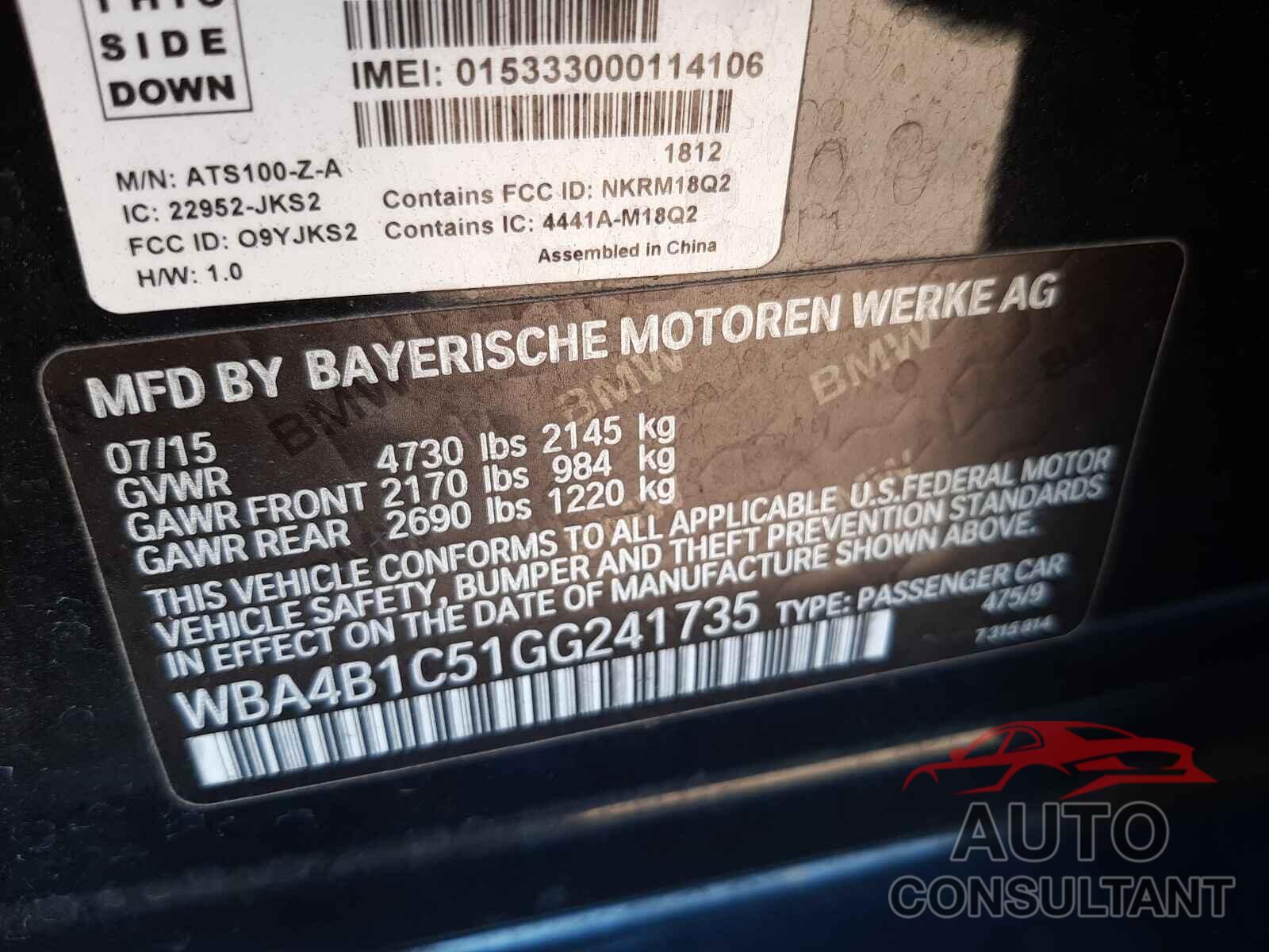 BMW 4 SERIES 2016 - WBA4B1C51GG241735