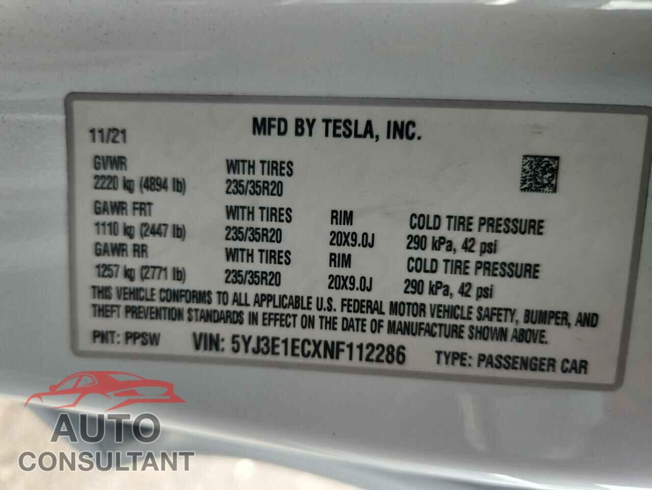 TESLA MODEL 3 2022 - 5YJ3E1ECXNF112286