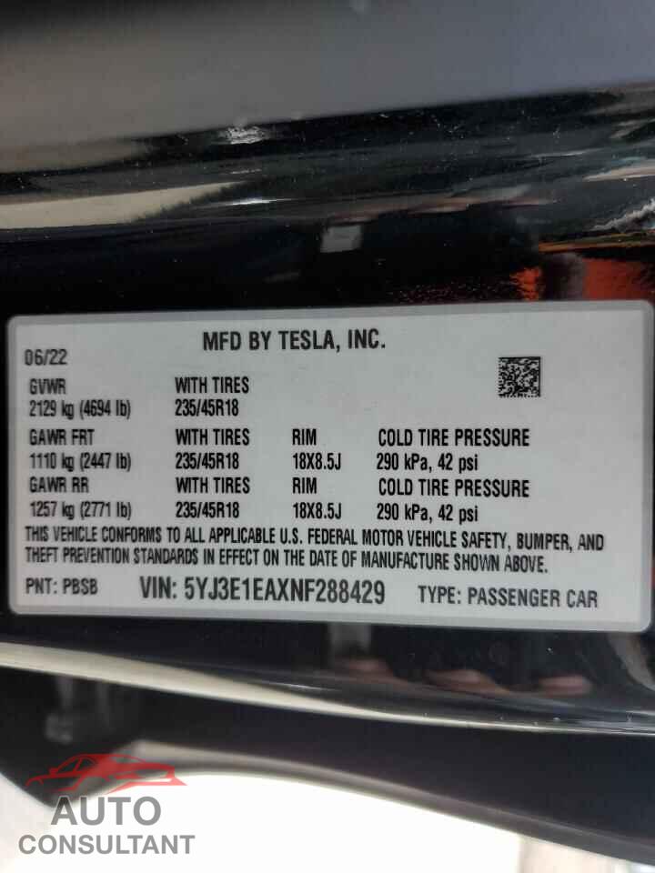 TESLA MODEL 3 2022 - 5YJ3E1EAXNF288429