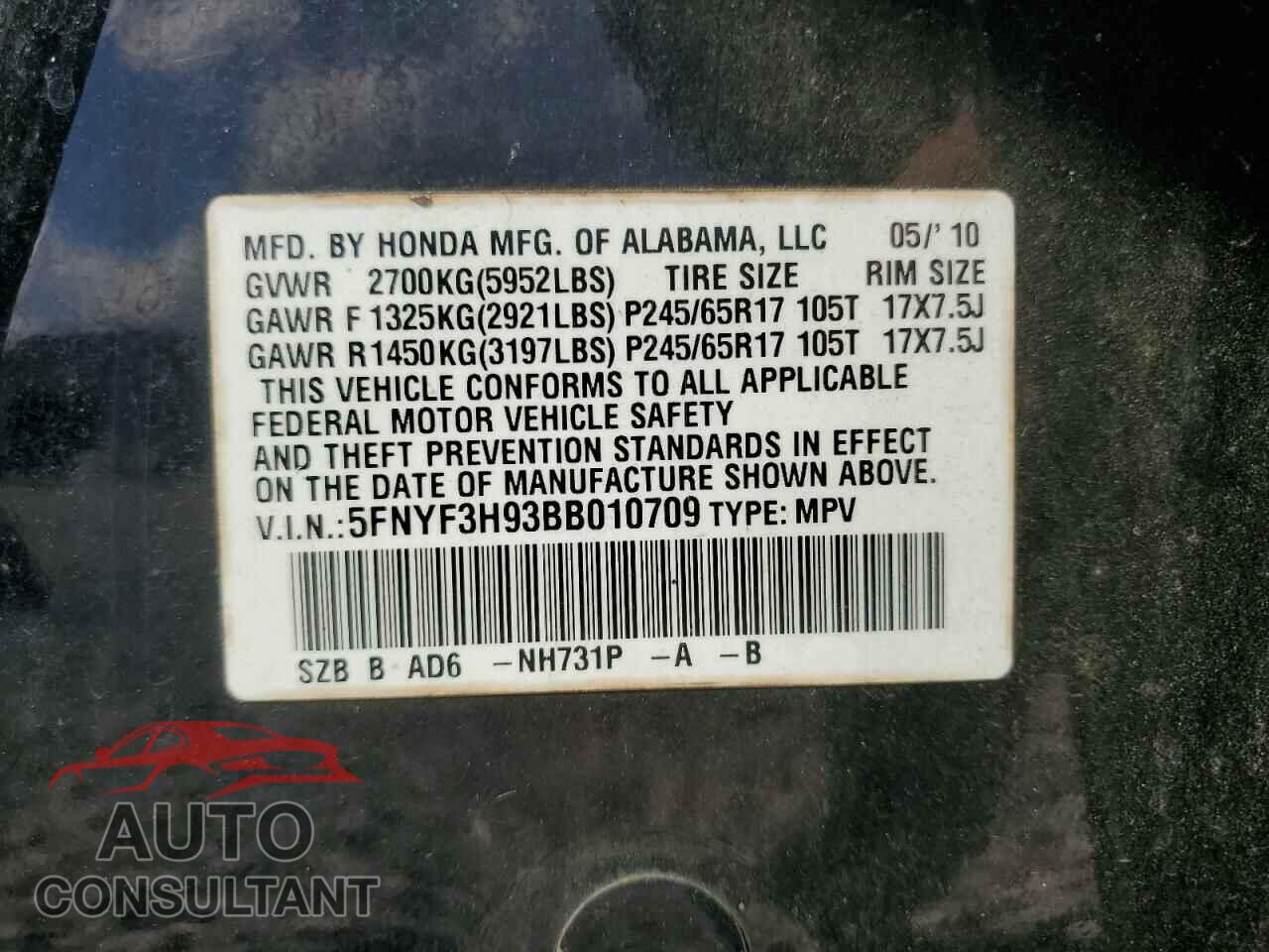 HONDA PILOT 2011 - 5FNYF3H93BB010709