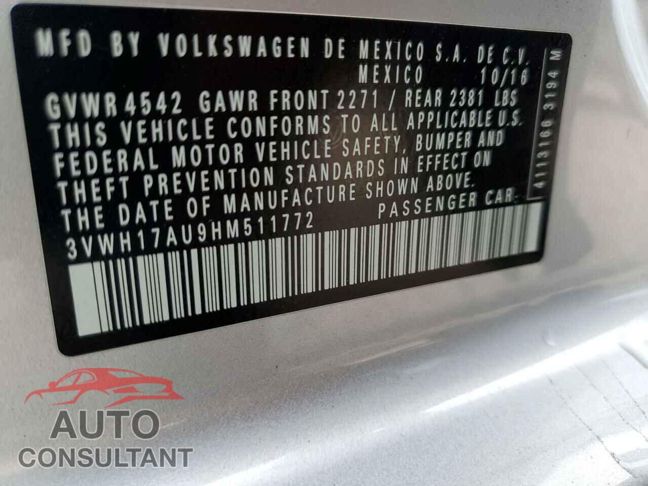 VOLKSWAGEN GOLF 2017 - 3VWH17AU9HM511772