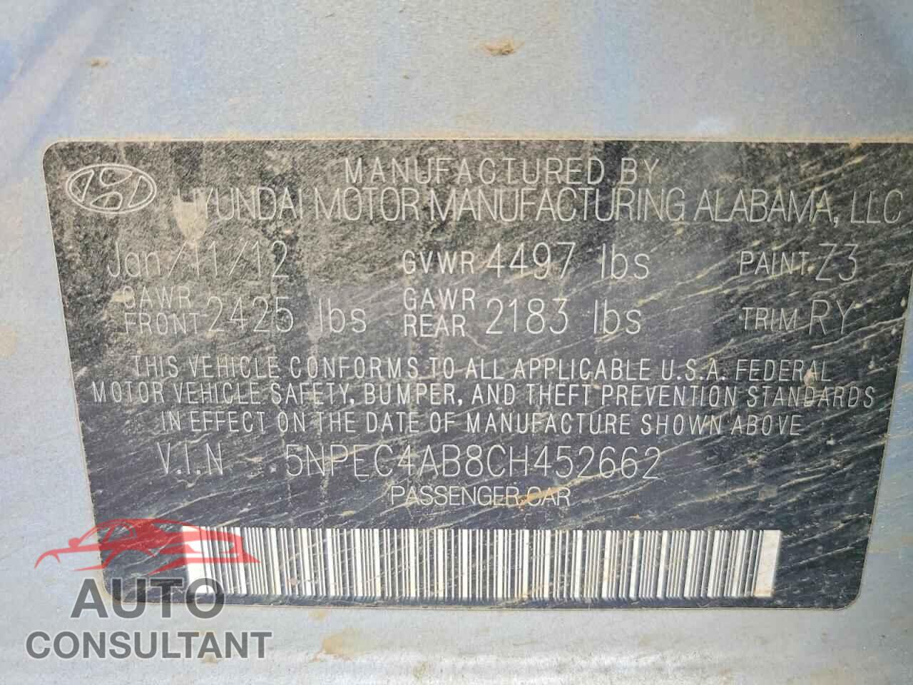 HYUNDAI SONATA 2012 - 5NPEC4AB8CH452662