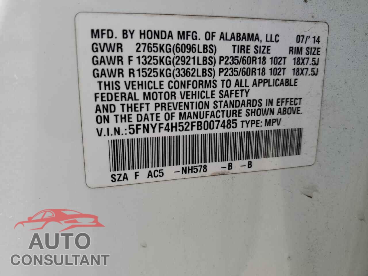 HONDA PILOT 2015 - 5FNYF4H52FB007485