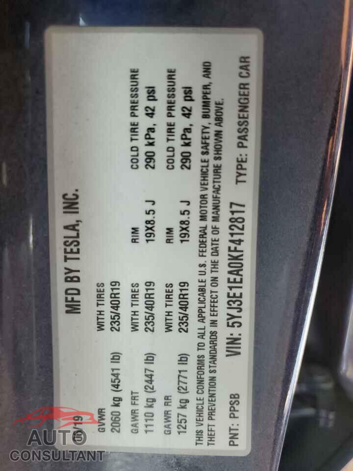 TESLA MODEL 3 2019 - 5YJ3E1EA0KF412817