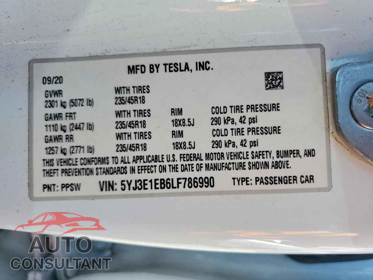 TESLA MODEL 3 2020 - 5YJ3E1EB6LF786990