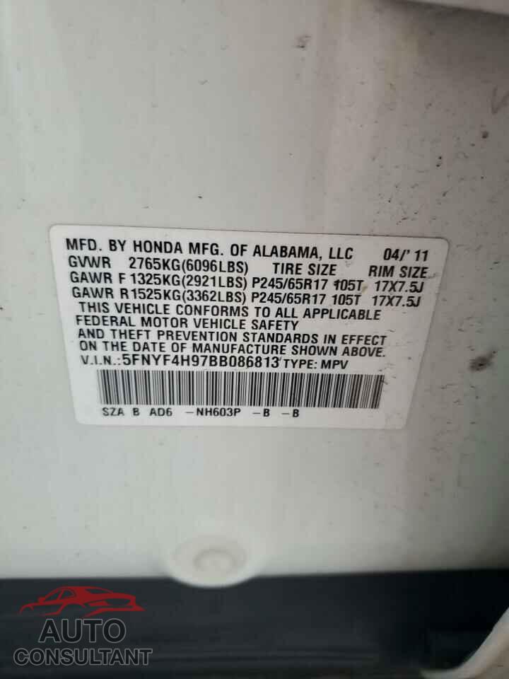 HONDA PILOT 2011 - 5FNYF4H97BB086813
