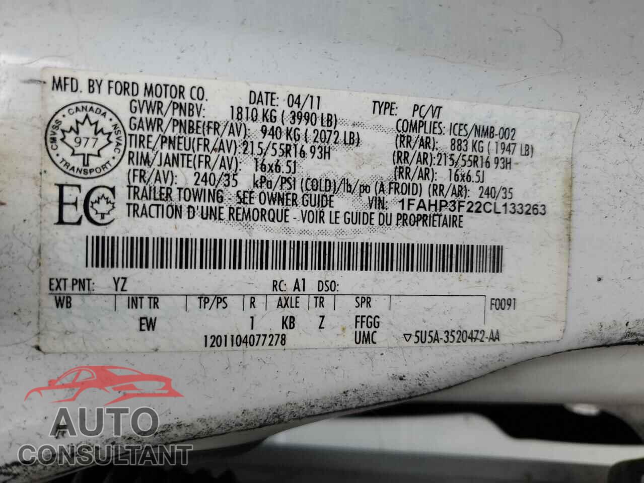 FORD FOCUS 2012 - 1FAHP3F22CL133263