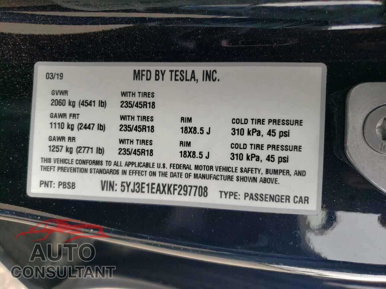 TESLA MODEL 3 2019 - 5YJ3E1EAXKF297708