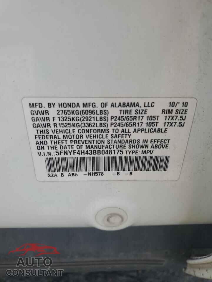 HONDA PILOT 2011 - 5FNYF4H43BB048175