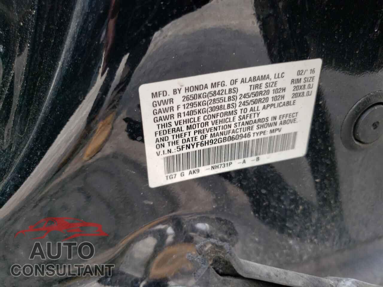 HONDA PILOT 2016 - 5FNYF6H92GB060946