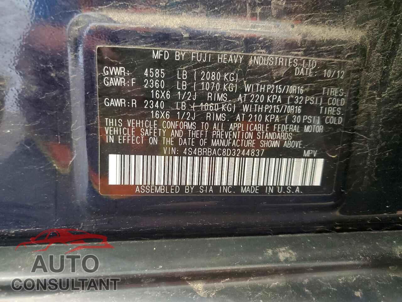 SUBARU OUTBACK 2013 - 4S4BRBAC8D3244837
