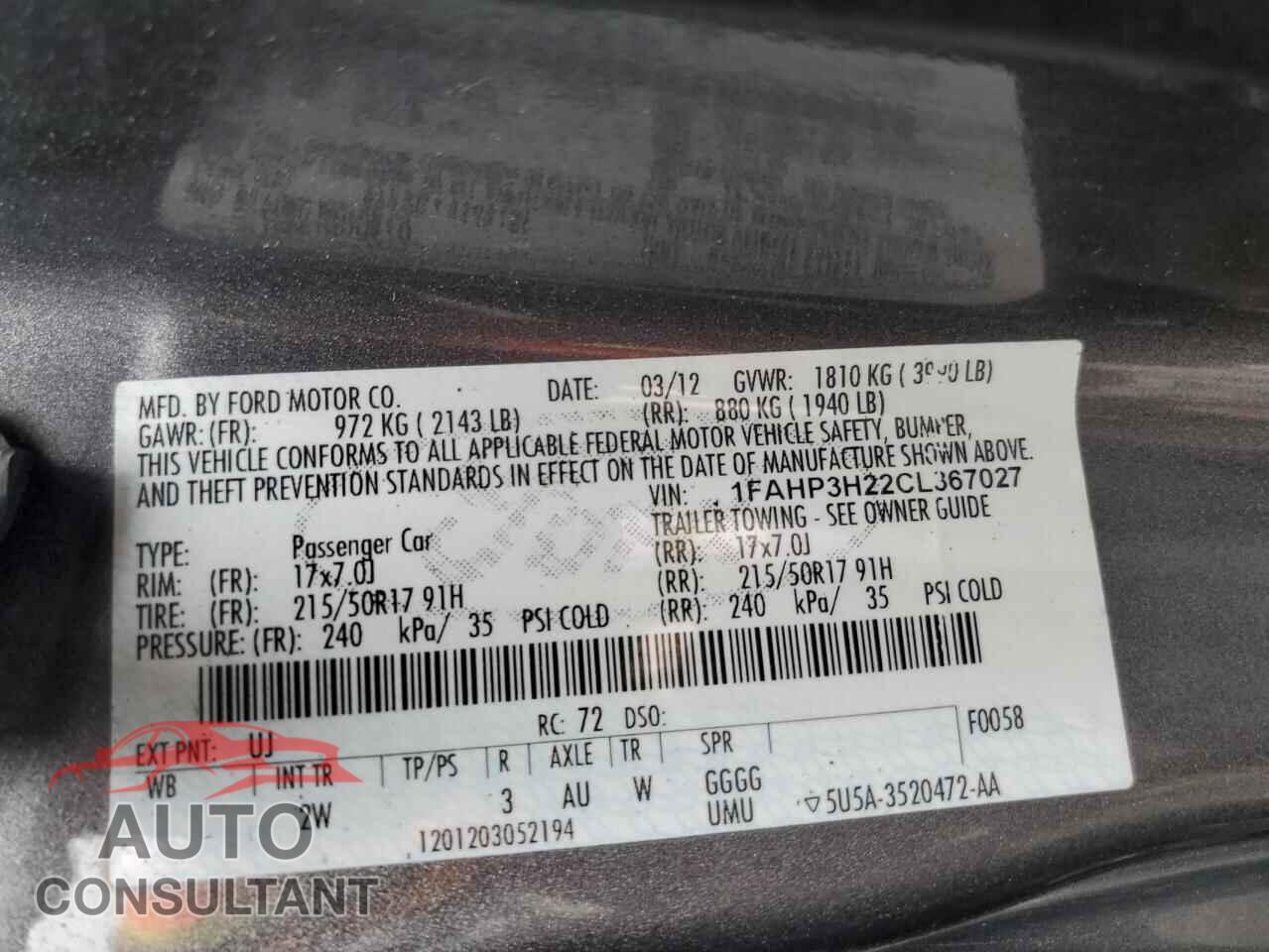 FORD FOCUS 2012 - 1FAHP3H22CL367027