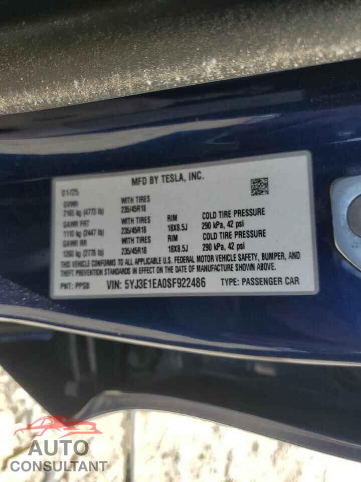 TESLA MODEL 3 2025 - 5YJ3E1EA0SF922486