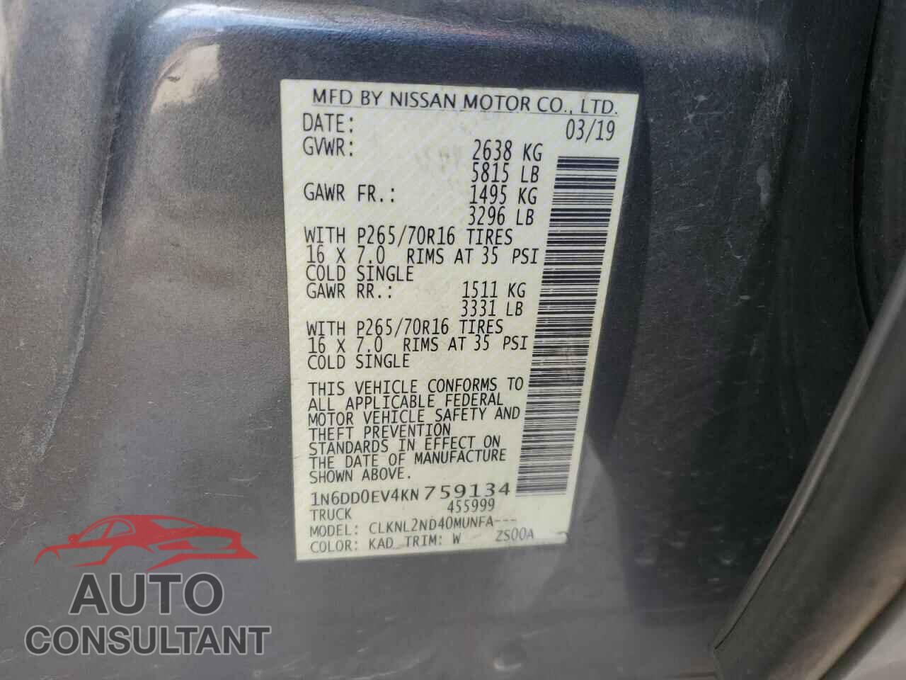 NISSAN FRONTIER 2019 - 1N6DD0EV4KN759134