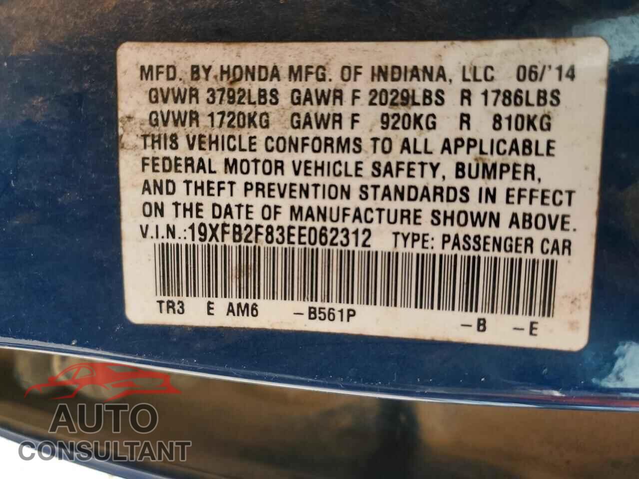 HONDA CIVIC 2014 - 19XFB2F83EE062312