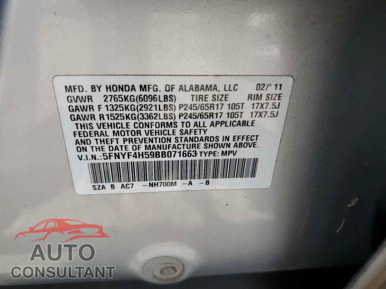 HONDA PILOT 2011 - 5FNYF4H59BB071663