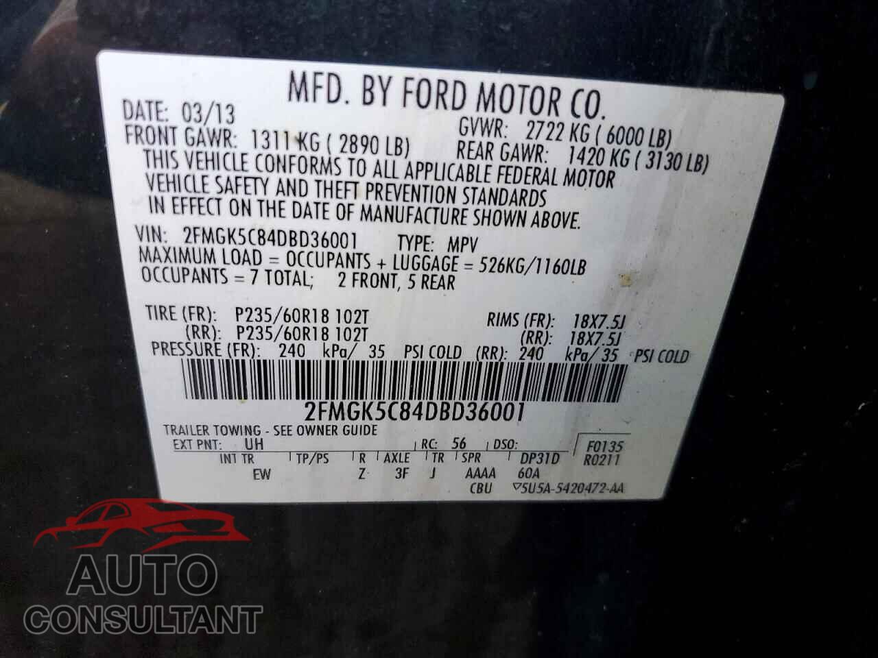 FORD FLEX 2013 - 2FMGK5C84DBD36001
