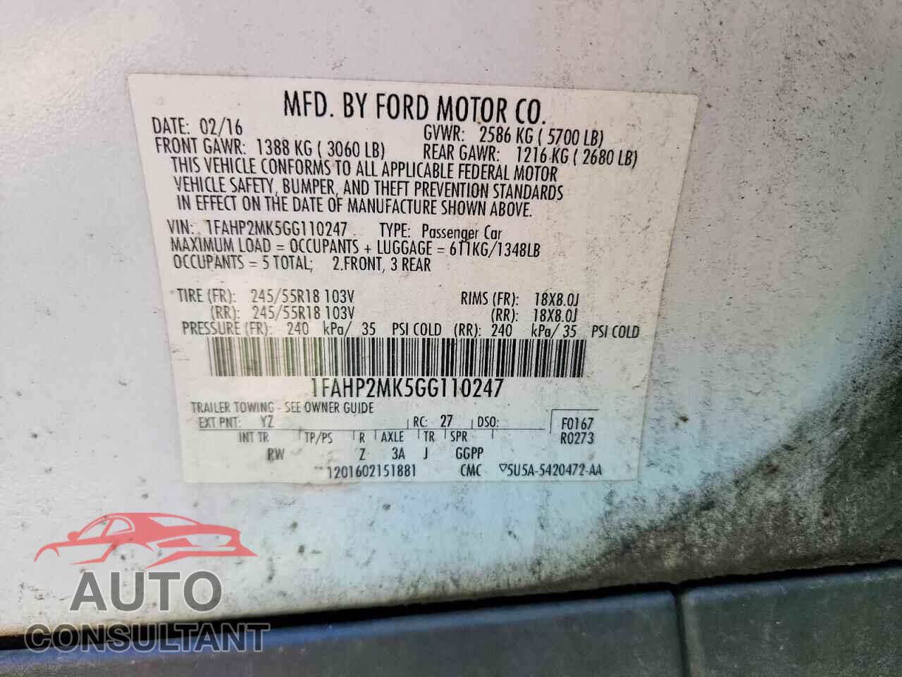 FORD TAURUS 2016 - 1FAHP2MK5GG110247