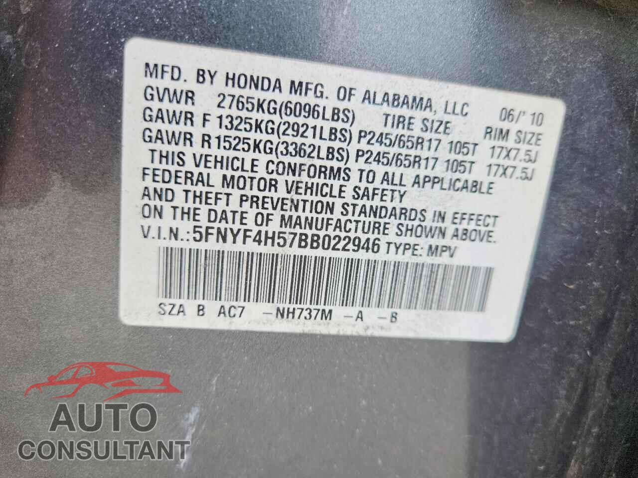 HONDA PILOT 2011 - 5FNYF4H57BB022946