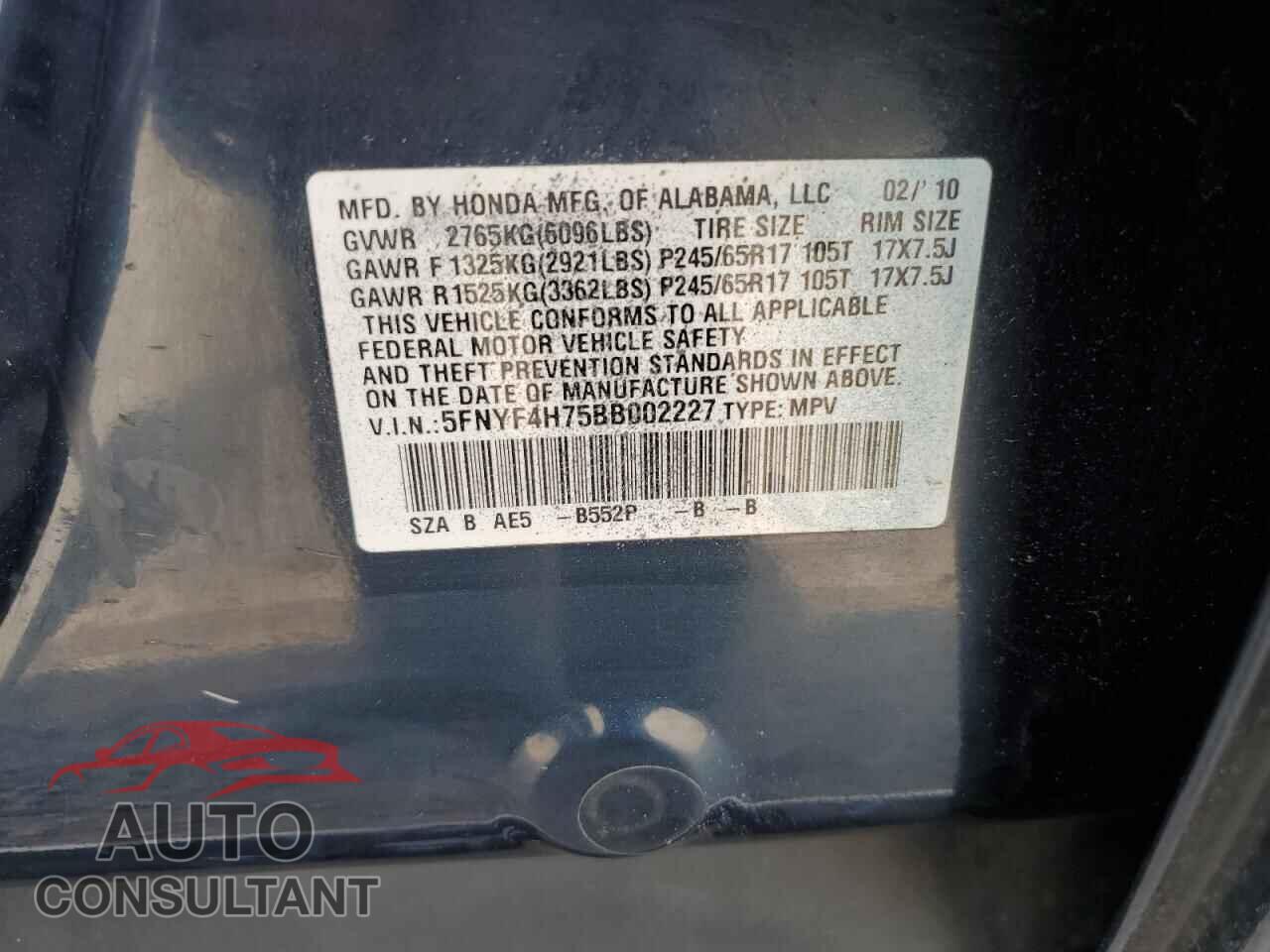 HONDA PILOT 2011 - 5FNYF4H75BB002227