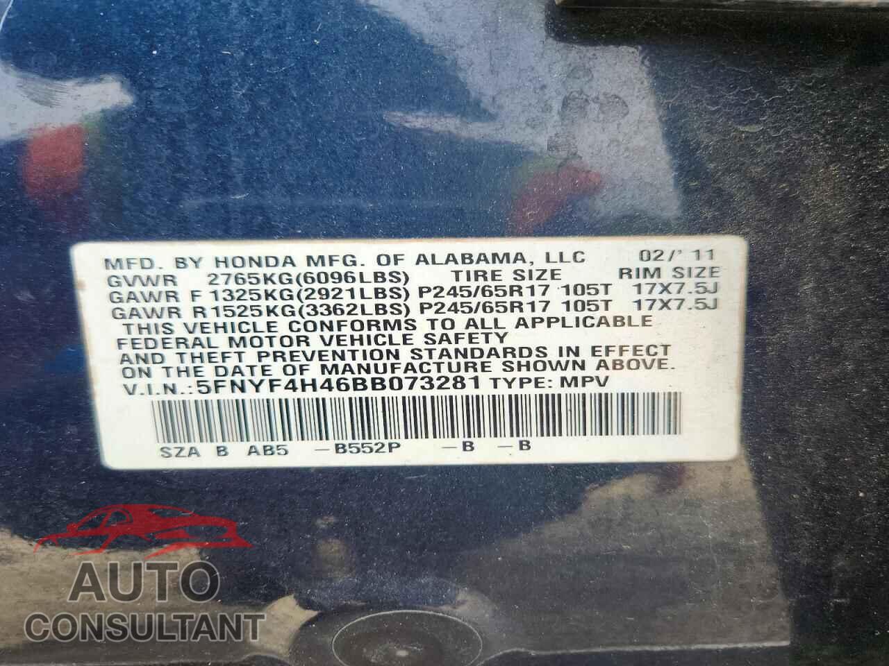 HONDA PILOT 2011 - 5FNYF4H46BB073281