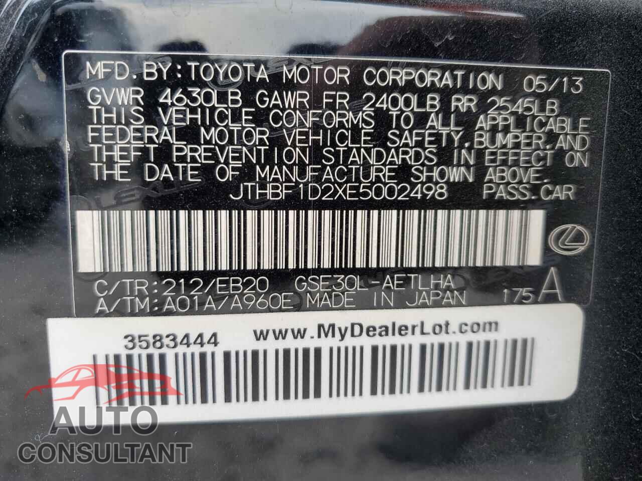 LEXUS IS 2014 - JTHBF1D2XE5002498
