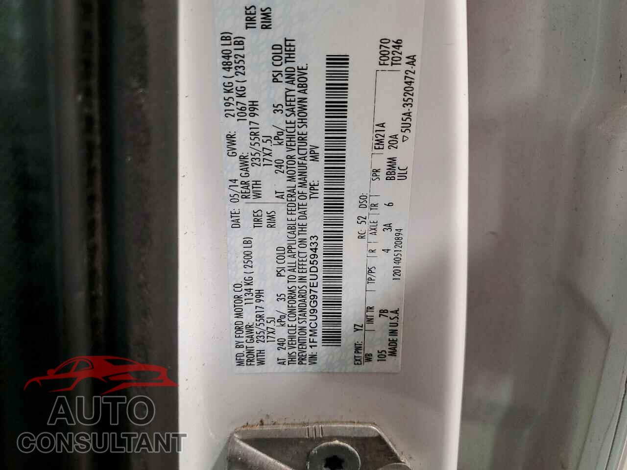 FORD ESCAPE 2014 - 1FMCU9G97EUD59433