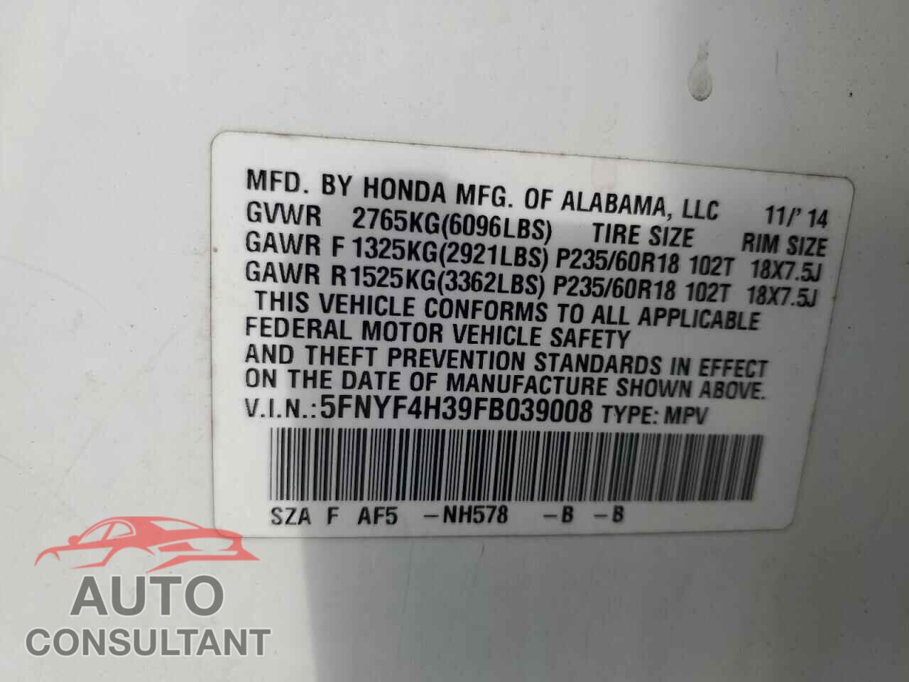 HONDA PILOT 2015 - 5FNYF4H39FB039008