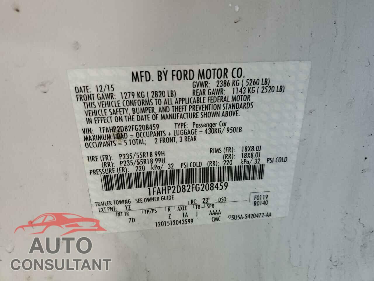 FORD TAURUS 2015 - 1FAHP2D82FG208459