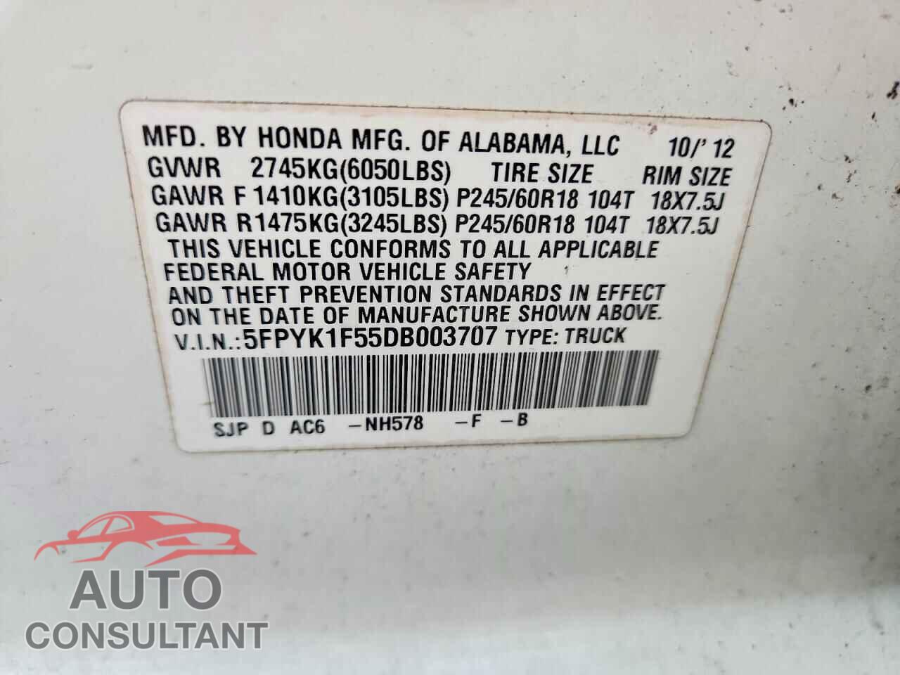 HONDA RIDGELINE 2013 - 5FPYK1F55DB003707