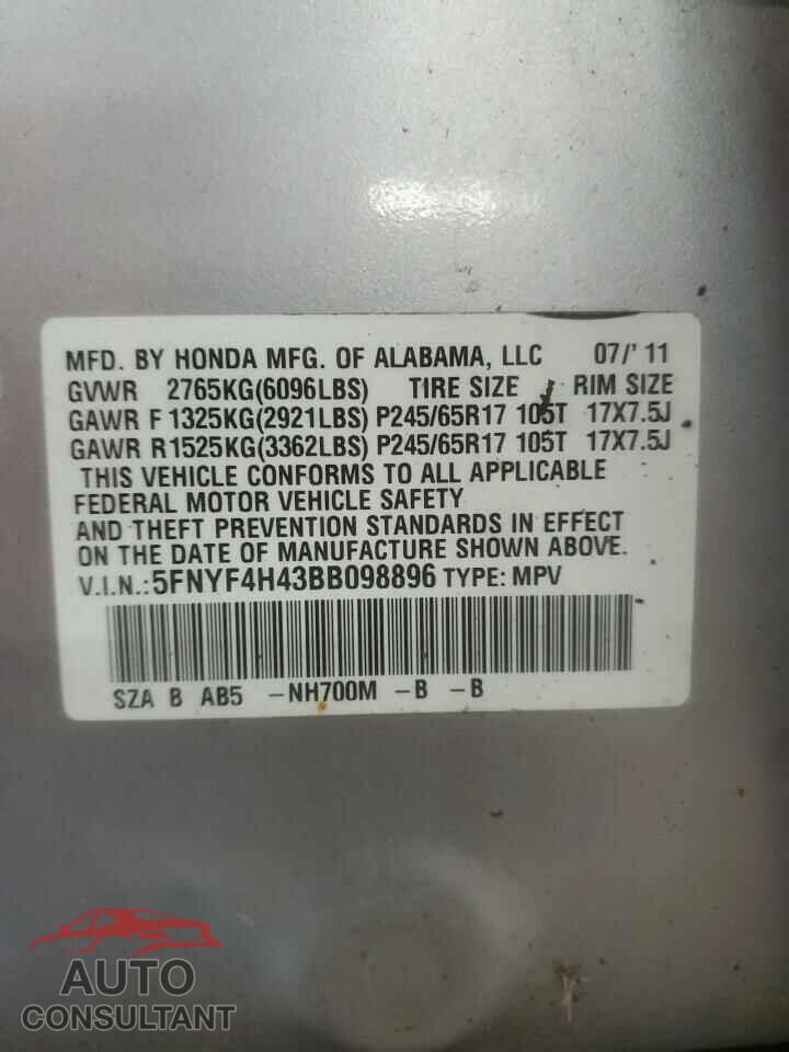 HONDA PILOT 2011 - 5FNYF4H43BB098896