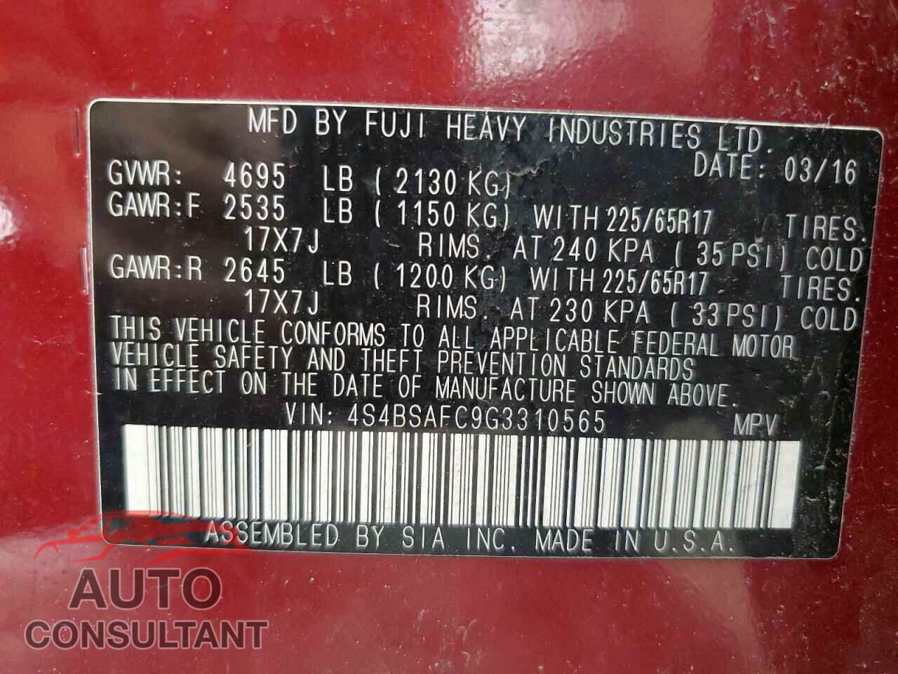 SUBARU OUTBACK 2016 - 4S4BSAFC9G3310565