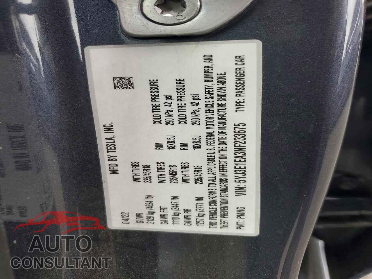 TESLA MODEL 3 2022 - 5YJ3E1EA3NF233675