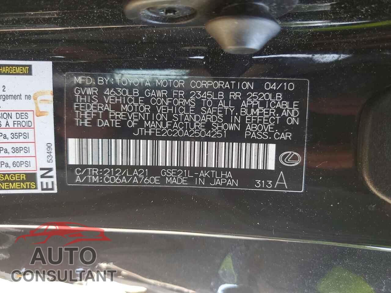 LEXUS IS 2010 - JTHFE2C20A2504251